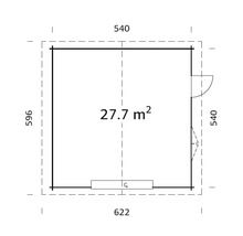 Plan d''un abri de jardin mesurant 540 sur 622 centimètres et d''une superficie de 27,7 mètres carrés.
