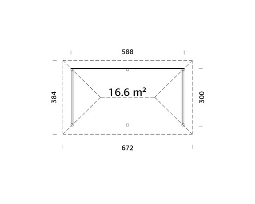 Grundriss mit Abmessungen von circa 588 mal 672 Zentimeter