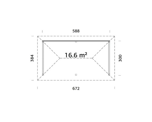 Grundrisszeichnung mit Maßangaben für ein Gartenhaus