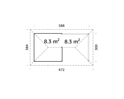 Plan avec les dimensions 588, 672, 384 et 300 ainsi que deux surfaces de 8,3 mètres carrés
