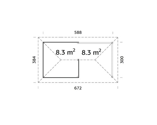 Grundriss mit Maßangaben: 588 Zentimeter Breite, 672 Zentimeter Länge und 384 sowie 300 Zentimeter Höhe.