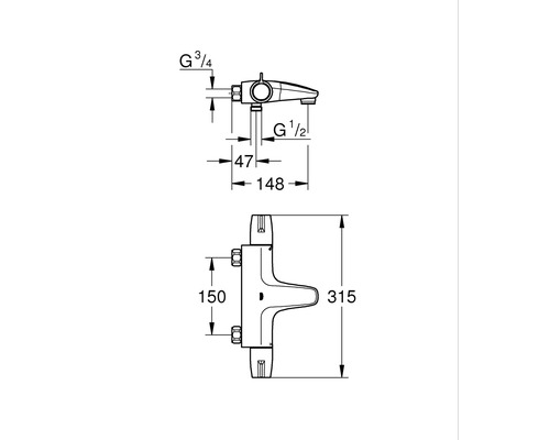 Schéma technique d''un robinet de douche avec dimensions