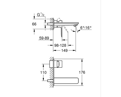 Schéma coté d''un robinet de lavabo mural avec indications de dimension
