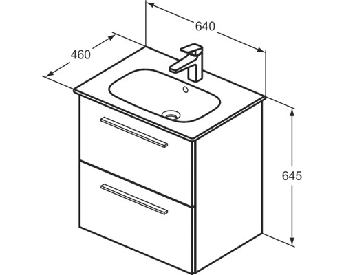 Dessin d''un meuble sous-vasque avec deux tiroirs, un lavabo et un robinet avec dimensions