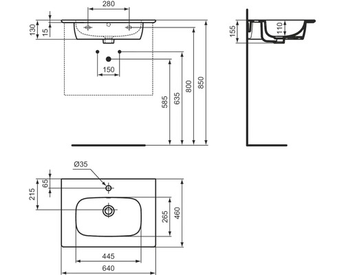 Schéma technique d''un lavabo avec dimensions