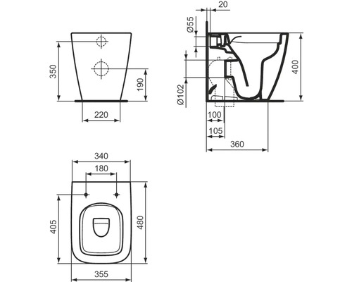 Schéma technique de WC suspendu avec cotes