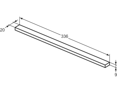 Technische Zeichnung eines Profils mit Maßangaben: 336 mm Länge, 20 mm Breite und 9 mm Höhe.