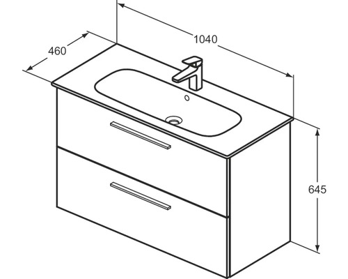 Meuble sous-vasque avec lavabo et dimensions.