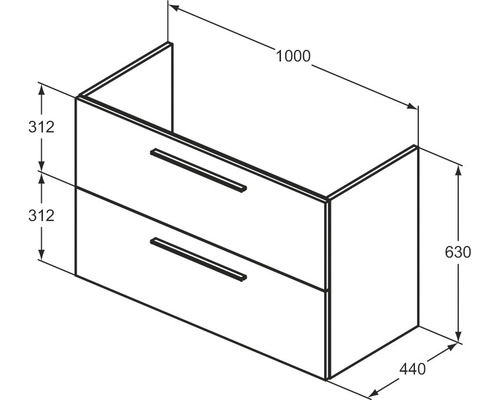 Dessin technique d''un meuble sous-lavabo avec deux tiroirs et indications de dimensions.