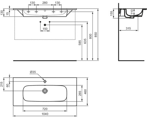 Schéma technique d''un lavabo avec cotes