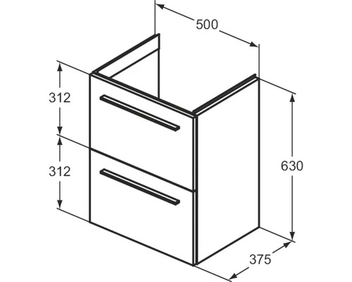 Dessin d''un meuble sous-lavabo avec deux tiroirs et indications de dimensions