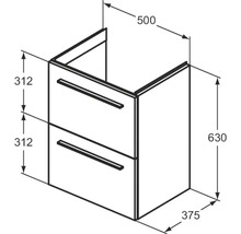 Dessin d''un meuble bas de salle de bains avec deux tiroirs et indications de dimensions