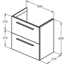 Dessin d''un meuble sous-lavabo avec tiroirs et dimensions
