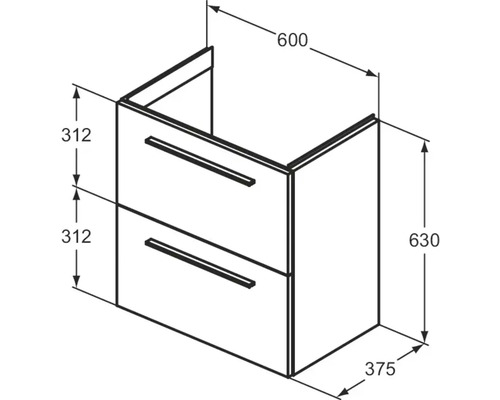 Dessin d''un meuble sous-lavabo avec tiroirs et dimensions