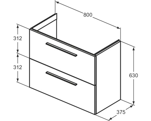 Dessin d''un meuble sous-lavabo avec les dimensions 800 x 630 x 375 mm.