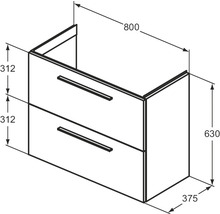 Dessin d''un meuble sous-lavabo avec deux tiroirs et indications de dimensions.