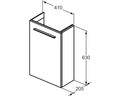 Zeichnung eines Waschbeckenunterschranks mit Maßangaben.
