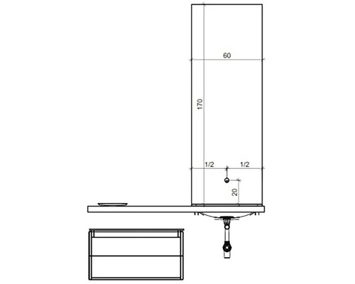 Technische Zeichnung eines Waschtischunterschranks mit Maßen