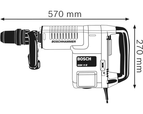 Image d''un marteau-piqueur Bosch avec des dimensions de 570 mm de long et 270 mm de haut