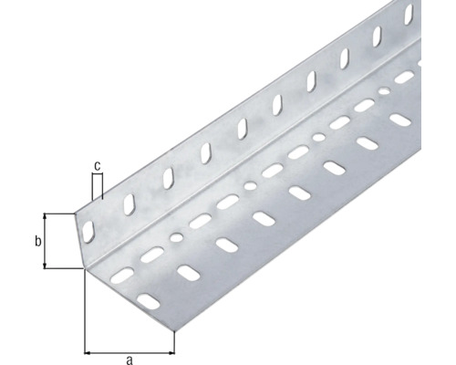 Gelochter Winkel aus Metall mit Maßangaben a, b und c.