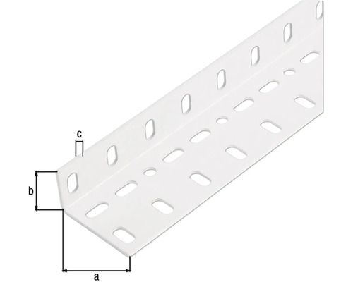 Cornière perforée en acier avec indications de dimensions a, b, c.