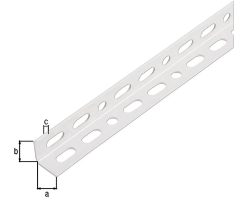 Winkelverbinder mit Löchern und Maßangaben a, b und c