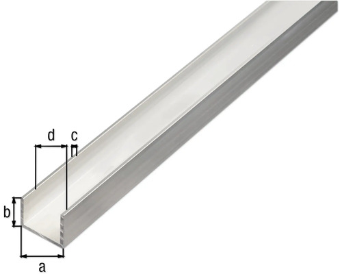Profilé en U en aluminium avec indications de dimensions a, b, c et d