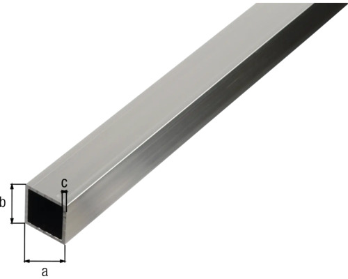 Quadratisches Aluminiumrohr mit Maßangaben a, b und c.