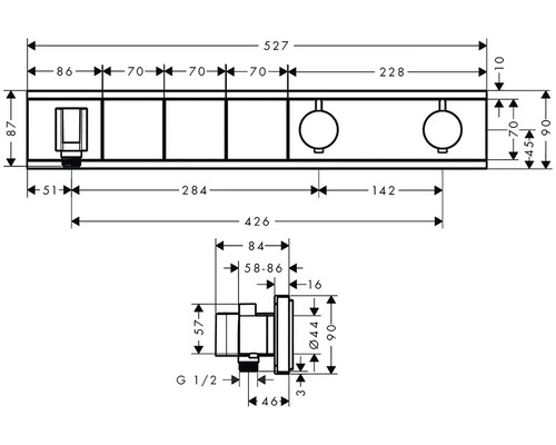 Dessin coté d''un accessoire de salle de bains avec des dimensions précises
