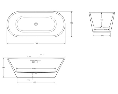 Technische Zeichnung einer Badewanne mit Maßangaben.