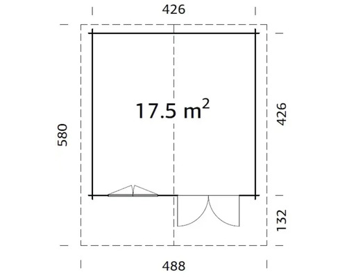 Grundrisszeichnung eines Gartenhauses mit Größenangaben und einer Fläche von 17,5 Quadratmetern