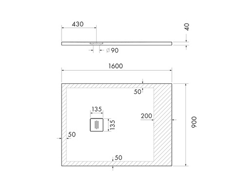 Technische Zeichnung einer Duschwanne mit Maßen