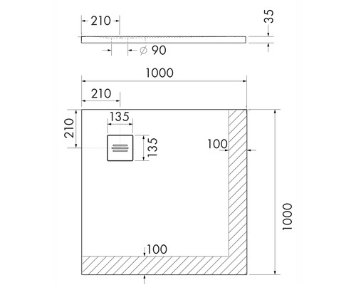 Technische Zeichnung einer Duschwanne mit Maßangaben