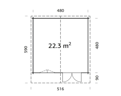 Plan du chalet de jardin avec une superficie de 22.3 mètres carrés et des dimensions de 516 sur 480 centimètres