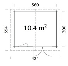 Grundriss eines Gartenhauses mit den Maßen 360 x 300 x 354 x 424 cm und einer Fläche von 10,4 m²