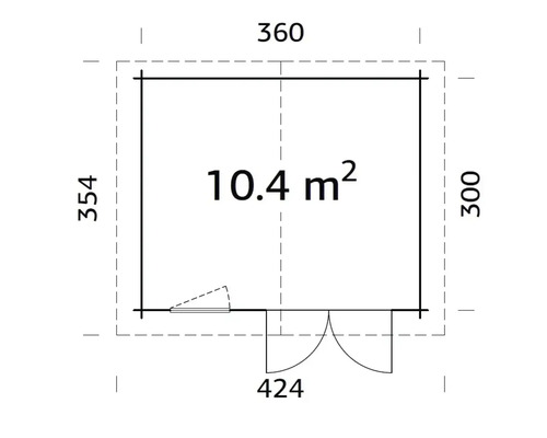Grundriss eines Gartenhauses mit den Maßen 360 x 300 x 354 x 424 cm und einer Fläche von 10,4 m²