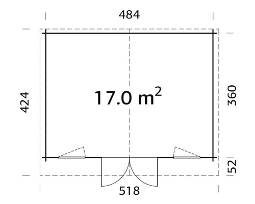 Grundrisszeichnung eines Gartenhauses mit Flächenangabe 17 Quadratmeter
