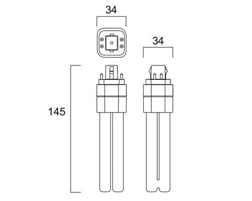 Abmessungen einer Kompaktleuchtstofflampe mit 145 Millimeter Länge und 34 Millimeter Breite.