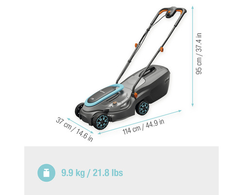 Gardena Akku-Rasenmäher mit Abmessungsangaben