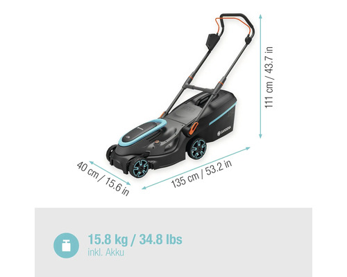Gardena Akku Rasenmäher mit Abmessungen