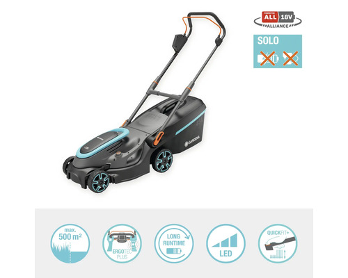 Gardena Akku-Rasenmäher für Flächen bis maximal 500 Quadratmeter. Das Gerät ist Solo, der Akku ist nicht im Lieferumfang enthalten. Mit Ergotec Plus Griff, langer Laufzeit, LED-Anzeige und Quickfit Plus Funktion.