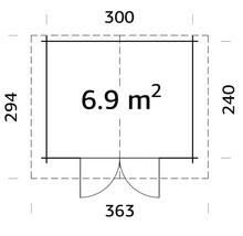 Grundrisszeichnung Gartenhaus mit Maßangaben: 300 x 240 cm, Fläche 6.9 Quadratmeter