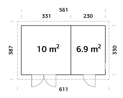 Grundrisszeichnung mit Maßangaben für ein Gebäude