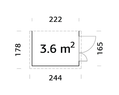 Grundriss mit den Maßen 222, 244, 178 und 165, die Fläche beträgt 3.6 Quadratmeter