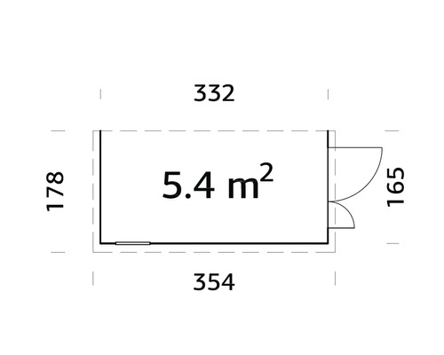 Grundriss eines Gartenhauses mit den Maßen 332 x 178 x 165 Zentimeter und einer Fläche von 5,4 Quadratmetern