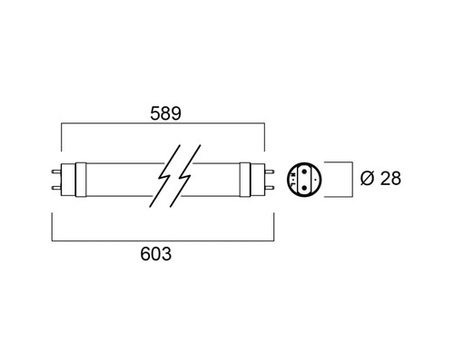 Technische Zeichnung einer Leuchtstoffröhre mit den Maßen 589 mm, 603 mm und einem Durchmesser von 28 mm.