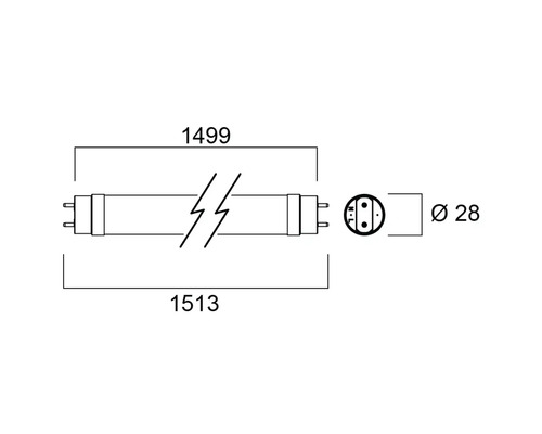 Schéma technique d''un tube fluorescent avec indications de dimension.