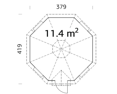 Grundriss eines Gartenhauses mit Angabe der Maße und einer Fläche von 11.4 Quadratmetern