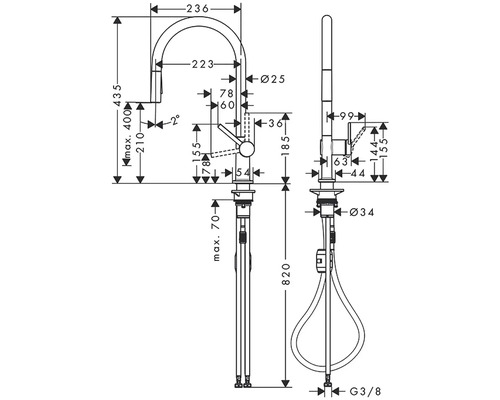 Technische Zeichnung einer Küchenarmatur mit Maßen