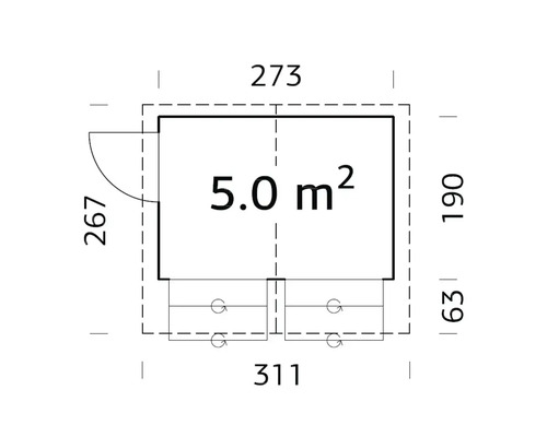 Grundrisszeichnung eines Gartenhauses mit den Maßen 311 mal 267 Zentimeter und einer Fläche von 5,0 Quadratmetern
